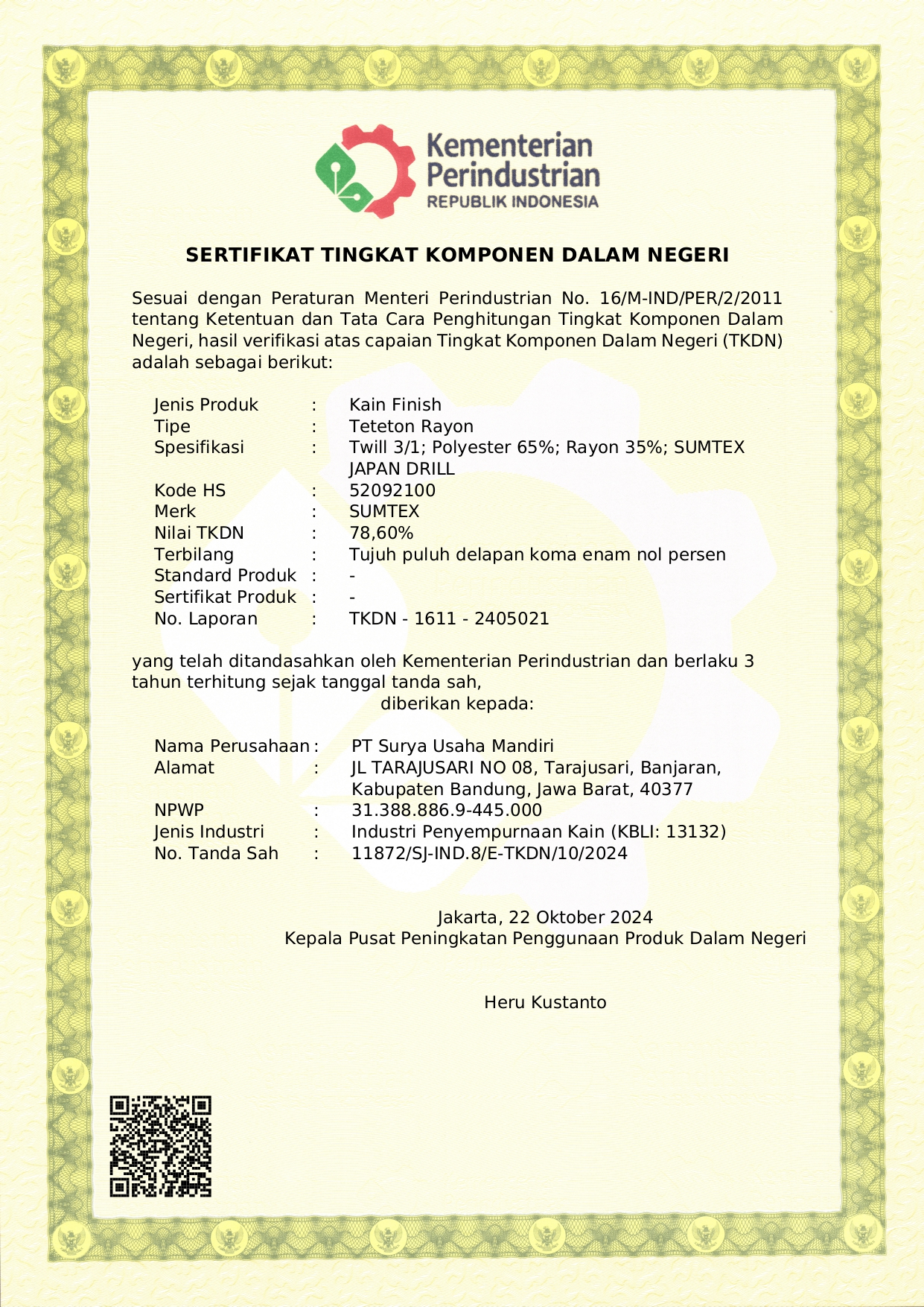 Sertifikat TKDN Japan Drill Sumtex