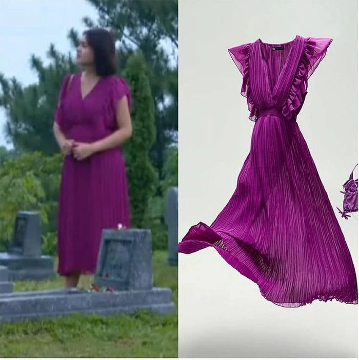 Andin Mengenakan Dress ruffle berwarna violet