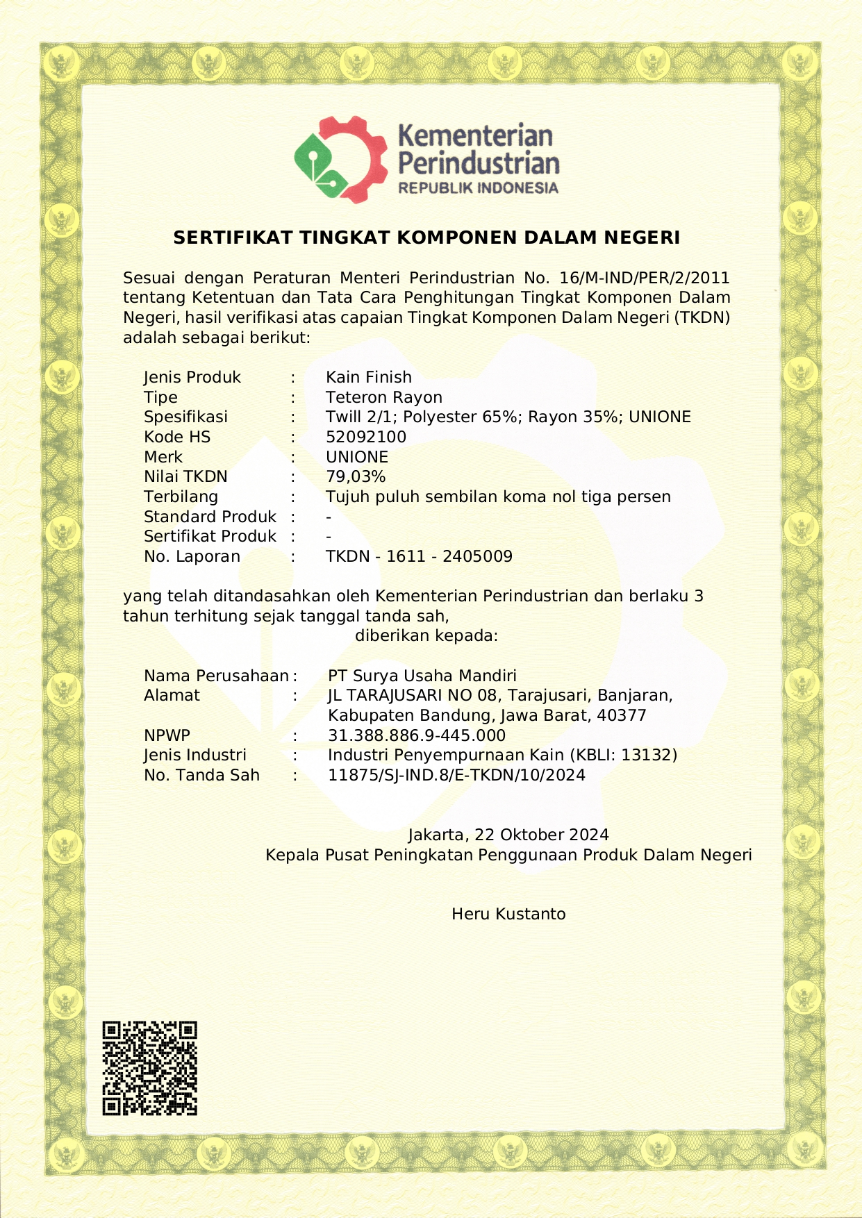 Sertifikat TKDN Kain Unione Drill